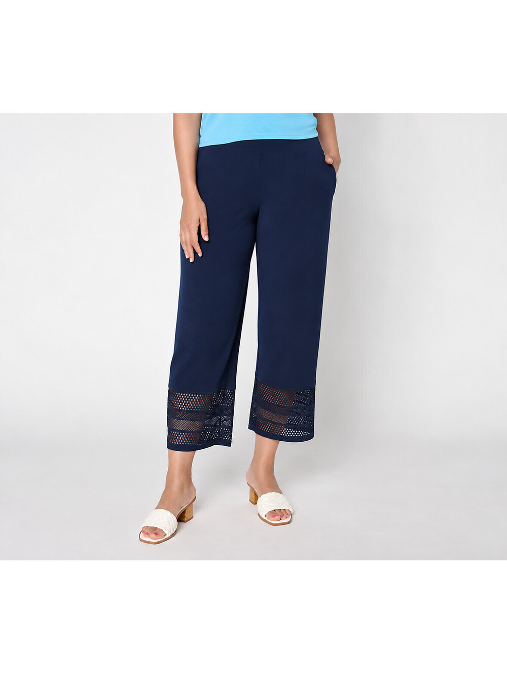 Susan Graver Regular Liquid Knit Crop Pant with Crotchet Lace Navy,Medium